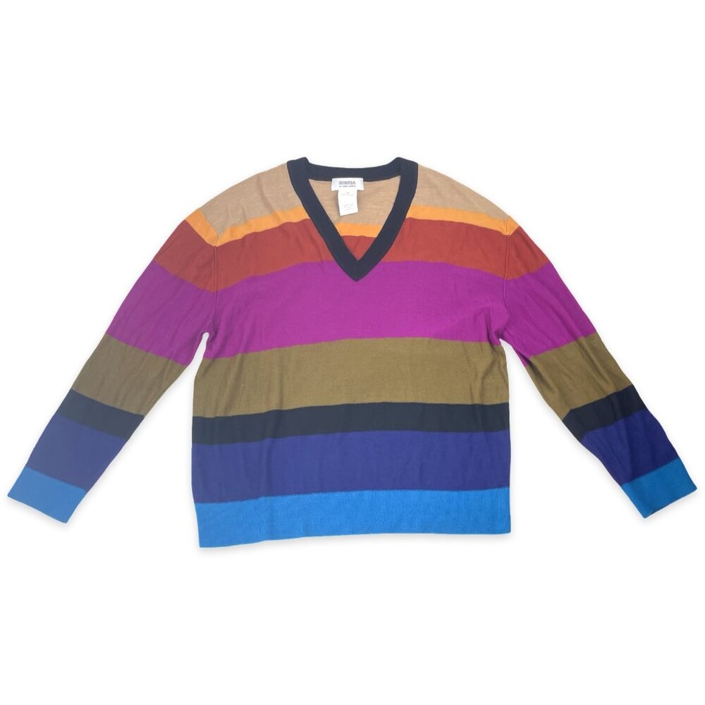 Sonia Rykiel Rainbow Stripe Wool V-Neck Sweater Paris Designer Knit M